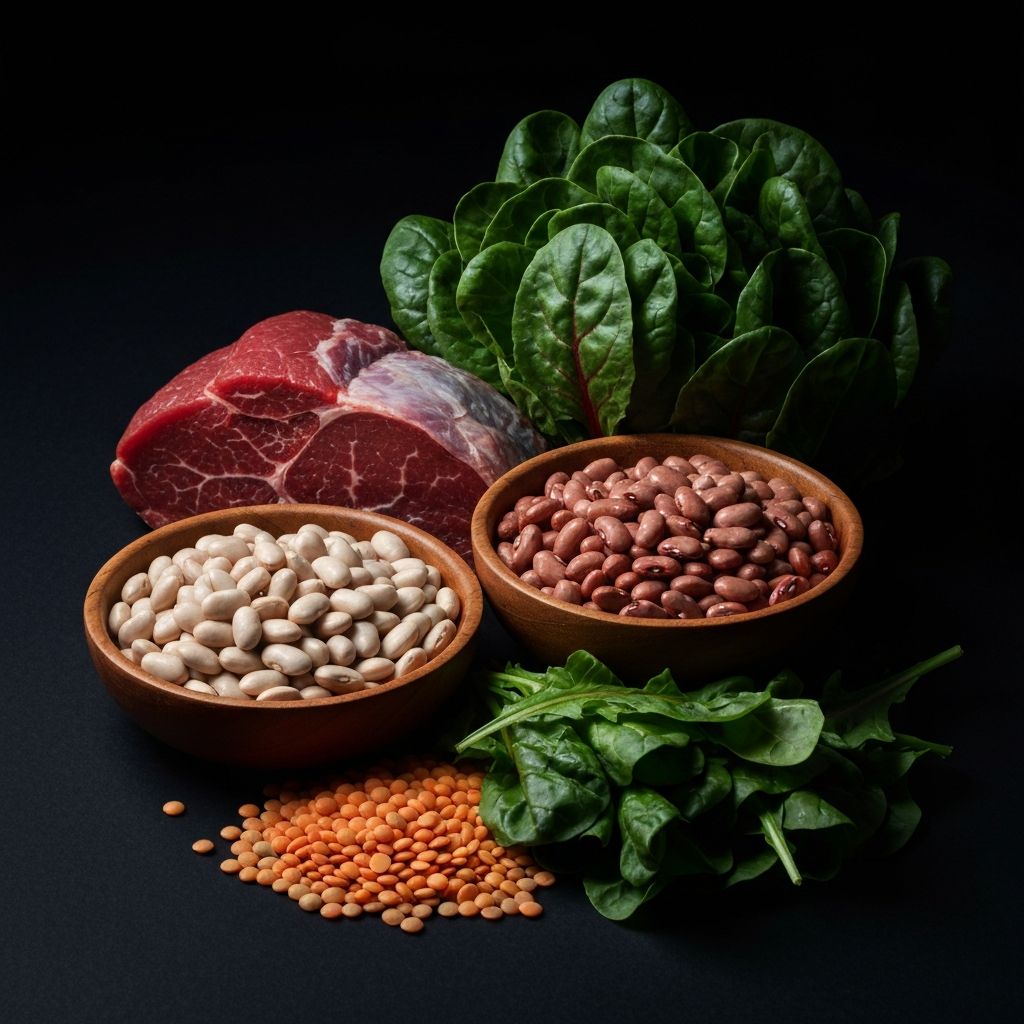 Iron-rich foods: red meat, beans, lentils, leafy greens