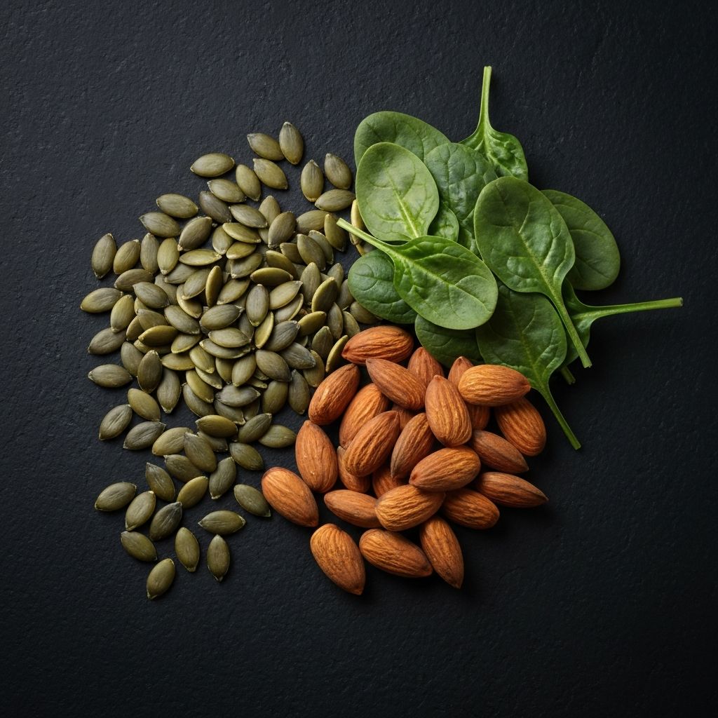 Magnesium-rich foods: pumpkin seeds, almonds, spinach